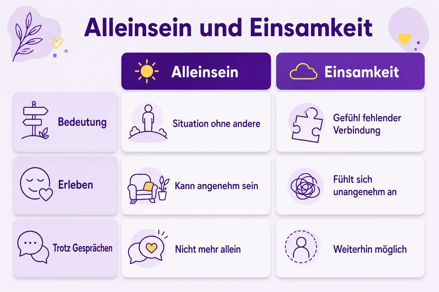 Vergleich: Alleinsein beschreibt eine Situation und kann angenehm sein; Einsamkeit ist ein unangenehmes Gefühl fehlender Verbindung, das auch bei Gesprächen bestehen kann.