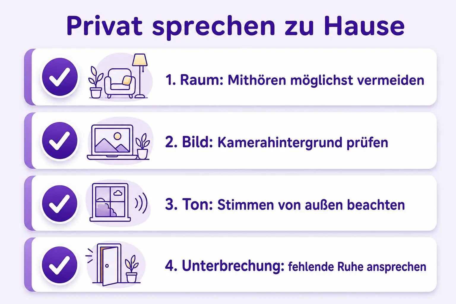 Checkliste für einen privaten Gesprächsrahmen: Mithören möglichst vermeiden, Kamerabild und hörbare Stimmen prüfen und unvermeidbare Unterbrechungen ansprechen.