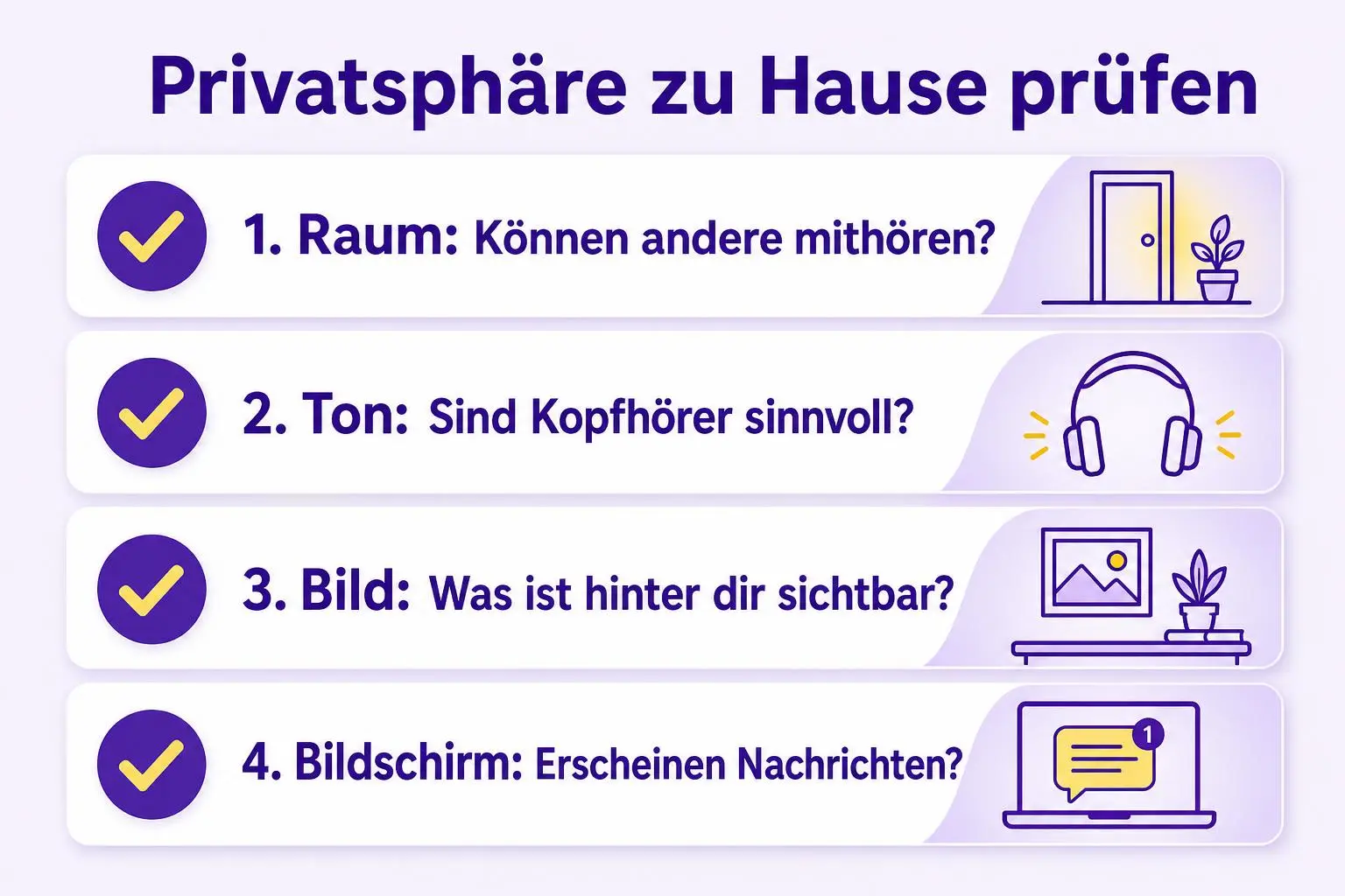 Checkliste für ein Videogespräch zu Hause: Mithören im Raum, Kopfhörer, sichtbare private Dinge im Bild und Nachrichten auf dem Bildschirm prüfen.