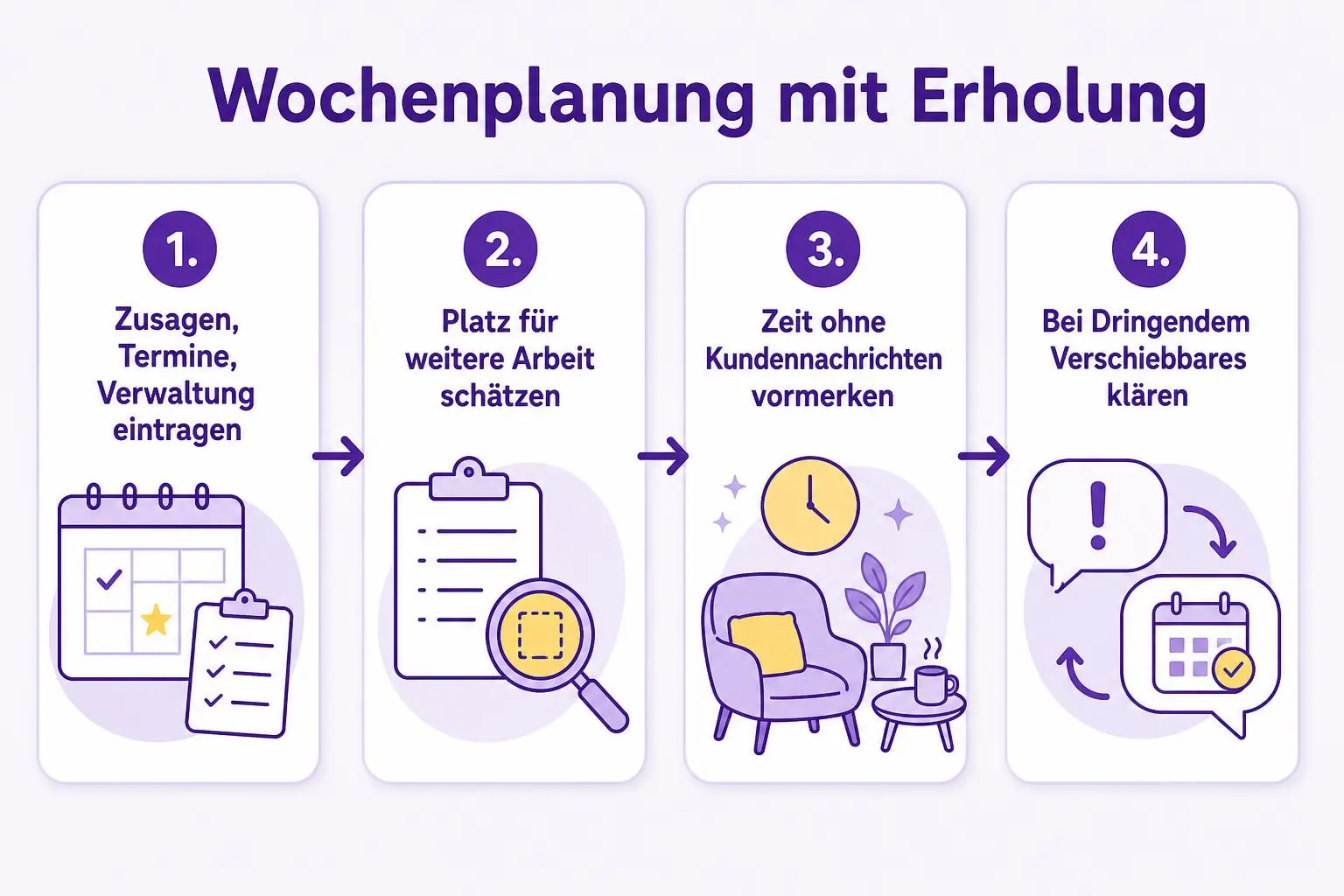 Vier Schritte der Wochenplanung: feste Aufgaben eintragen, freien Umfang prüfen, Erholung vormerken und bei Änderungen neu entscheiden.